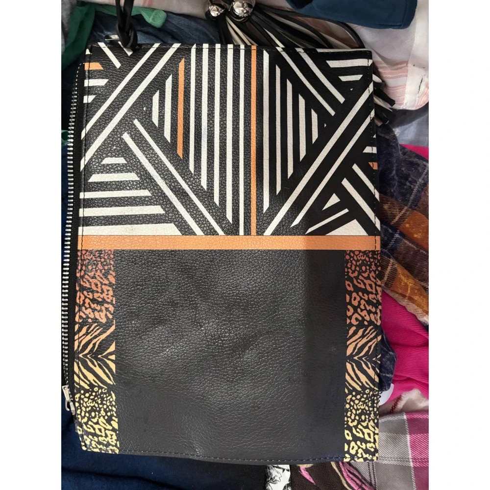 Sassy Jones Clutch Zippered Purse Handbag Black White Orange Animal Print Tassel